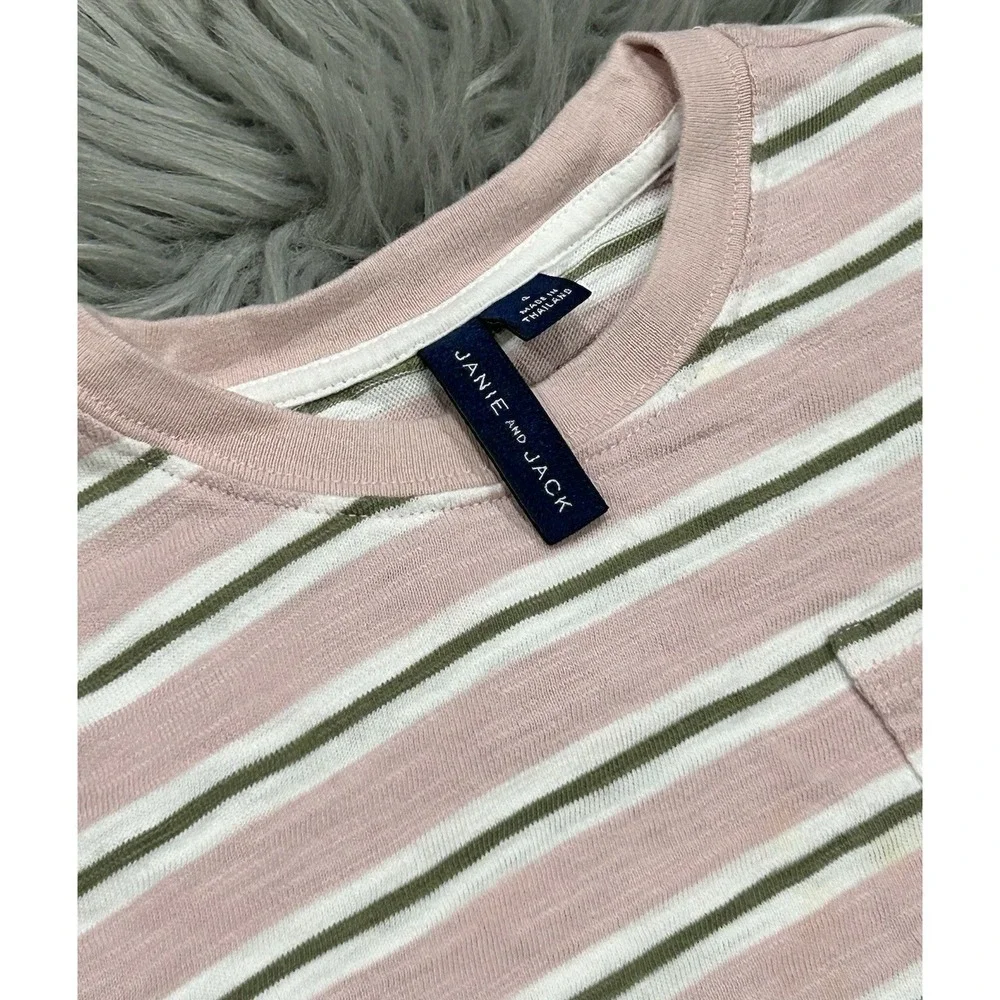 Janie and Jack Short Sleeve Stripe T-Shirt With Pocket - Pink/Green/White Size 4